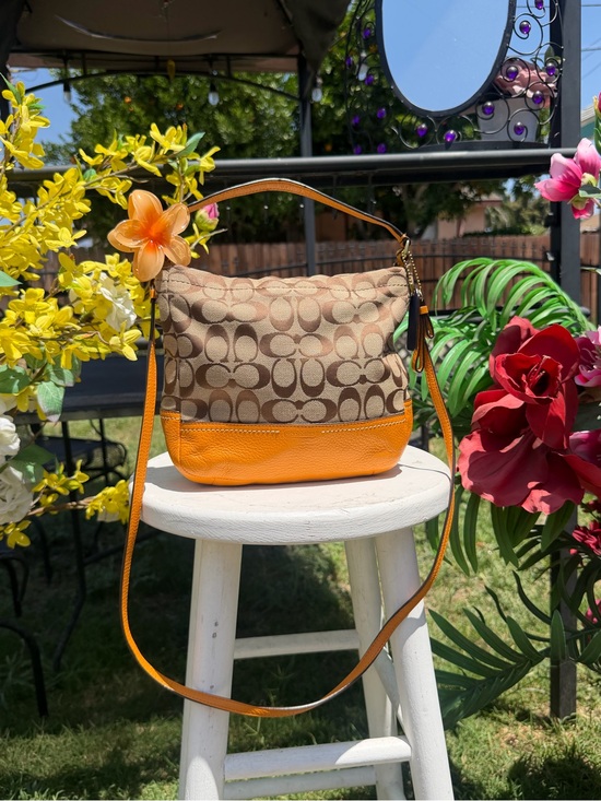 Coach Handbags - Coach Brown Signature Canvas Crossbody with Orange Leather Trim